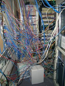 Hundreds of computer cables, all connected, but in a big tangled mess.