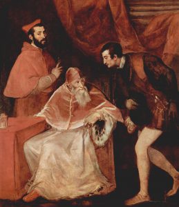 Pope Paul III with his cardinal-nephew Alessandro Farnese (left) and his other grandson, Ottavio Farnese, Duke of Parma (right). The term 'nepotism' came from the practice of popes appointing their nephews to positions of cardinal, creating Cardinal-Nephews.