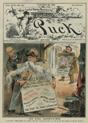An illustrated cover from Puck Magazine from 1885 showing two men wearing sandwich boards. Marketing for manufacturers has come a long way since then.