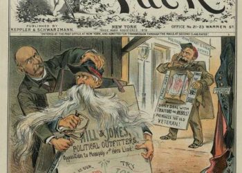 An illustrated cover from Puck Magazine from 1885 showing two men wearing sandwich boards. Marketing for manufacturers has come a long way since then.