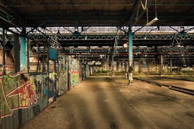 An abandoned factory that has been emptied of machines and workers.
